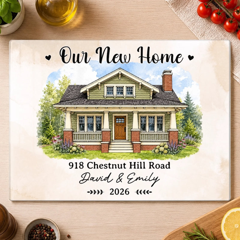 Custom Photo New Home Tempered Glass Cutting Board - Personalized Anniversary Christmas Wedding Gifts For Husband And Wife, Him And Her - Fresh Start Happy Heart