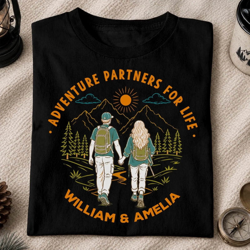 Custom Hiking T-shirt, Premium T-shirt, Hoodie - Personalized Birthday Camping Gifts For Campers, Husband And Wife, Him And Her - Adventure Partners For Life
