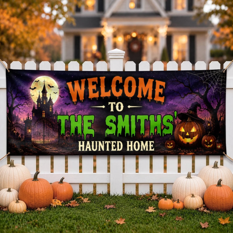 Custom Haunted Home Outdoor Banner - Personalized Halloween Decor Gifts For For Mom, Dad, Brother, Sister - Creep It Real This Halloween