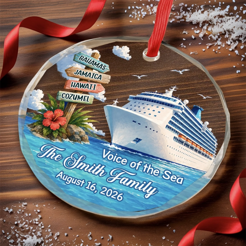 Custom Cruise Ship Circle Glass Ornament - Personalized Christmas Birthday Gifts For Mom, Dad, Brother, Sister - Making Waves Together