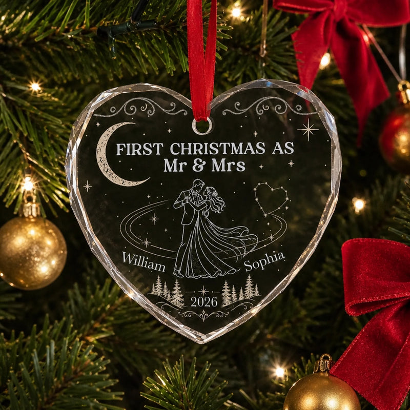 Custom First Christmas Heart Glass Ornament - Personalized Anniversary Christmas Wedding Gifts For Husband And Wife, Him And Her - Officially Mr & Mrs