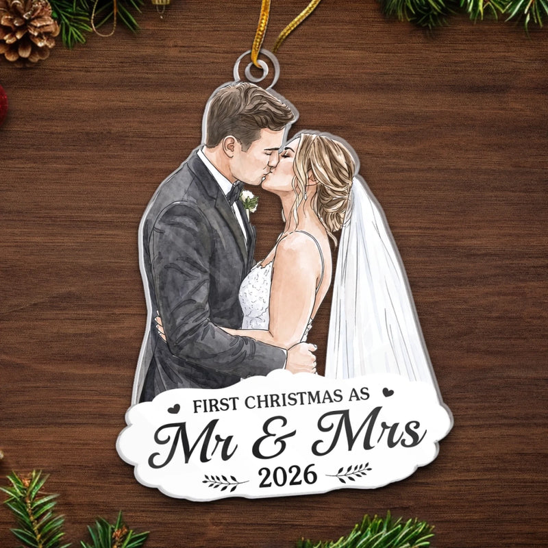 Custom  Photo First Christmas Acrylic Ornament - Personalized Anniversary Christmas Wedding Gifts For Husband And Wife, Him And Her - Under The Mistletoe