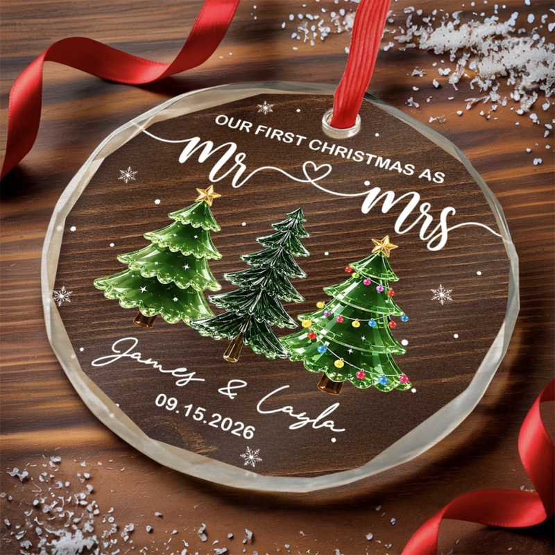 Custom First Christmas Circle Glass Ornament - Personalized Anniversary Christmas Wedding Gifts For Husband And Wife, Him And Her - Pure Married Bliss