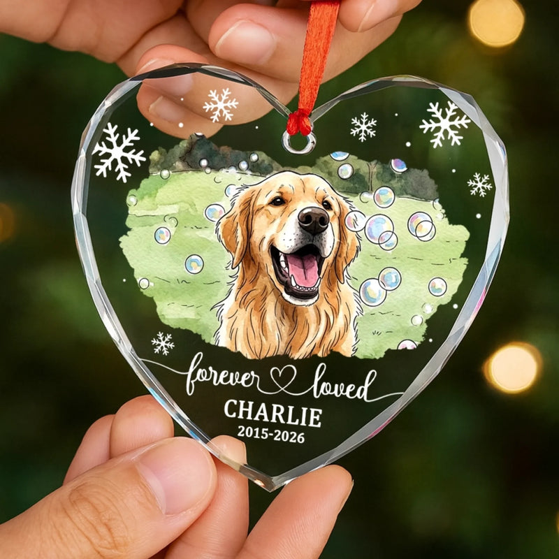 Custom Photo Heart Glass Ornament - Personalized Pet Christmas Memorial Sympathy Gifts For Dogs, Cats - Love Never Leaves