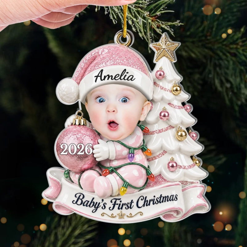 Custom Photo First Christmas Acrylic Ornament - Personalized Christmas Baby Shower, Gender Reveal Gifts For New Moms, New Dads, New Parents - Little Hands Big Love