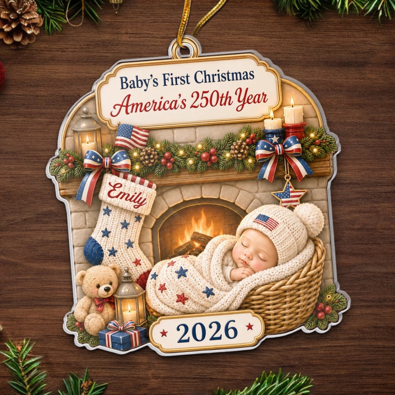 Custom First Christmas Acrylic Ornament - Personalized America 250th Anniversary Christmas Gifts For New Moms, New Dads, New Parents - Tiny Star Big History