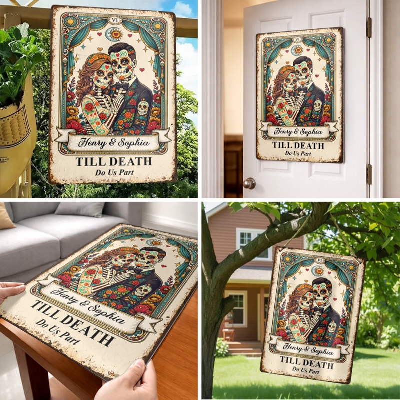 Custom Photo Day Of The Dead Home Decor Metal Sign - Personalized  Anniversary Wedding Gifts For Husband And Wife, Him And Her - Everlasting Skeletal Romance