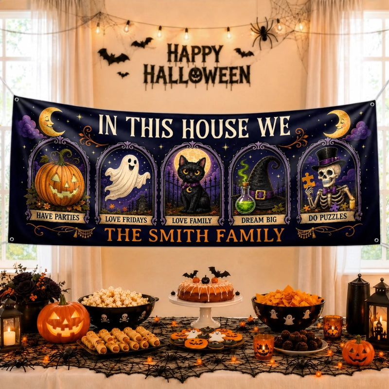 Custom Banner - Personalized Halloween Decor Gifts For Mom, Dad, Brother, Sister - In This Spooky Home We Love