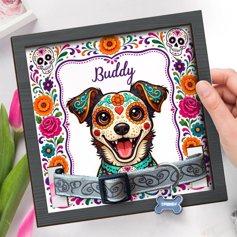Custom Photo Day Of The Dead Pet Loss Sign, Collar Frame - Personalized Pet Memorial Sympathy Gifts For Dog Lovers, Cat Lovers - Love Remains In Every Pawprint