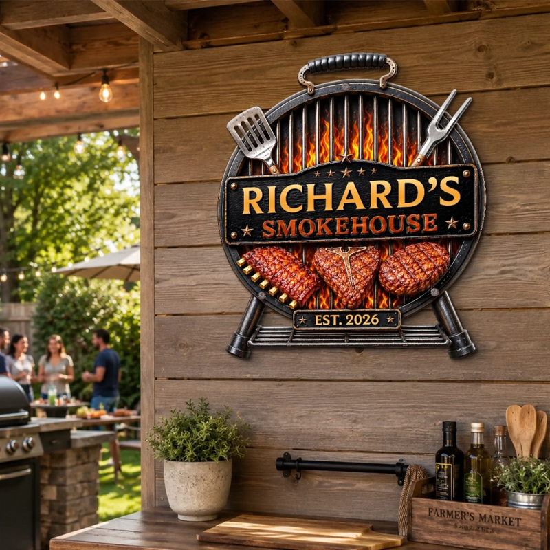 Custom BBQ Shaped Metal Sign - Personalized Grilling Gifts For BBQ Lovers, Husband, Dad - Grill Chill Repeat