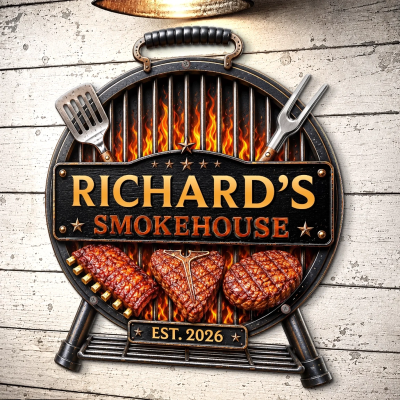 Custom BBQ Shaped Metal Sign - Personalized Grilling Gifts For BBQ Lovers, Husband, Dad - Grill Chill Repeat