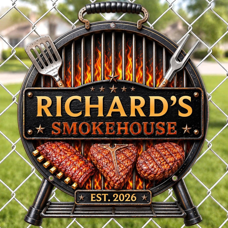 Custom BBQ Shaped Metal Sign - Personalized Grilling Gifts For BBQ Lovers, Husband, Dad - Grill Chill Repeat