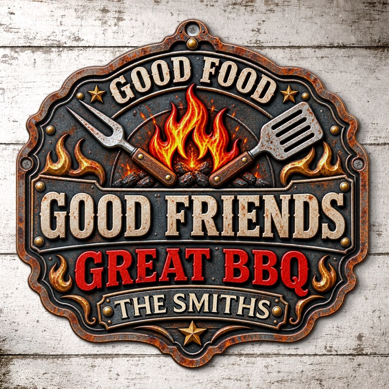 Custom BBQ Shaped Metal Sign - Personalized Grilling Gifts For BBQ Lovers, Husband, Dad - Good Food Good Friends