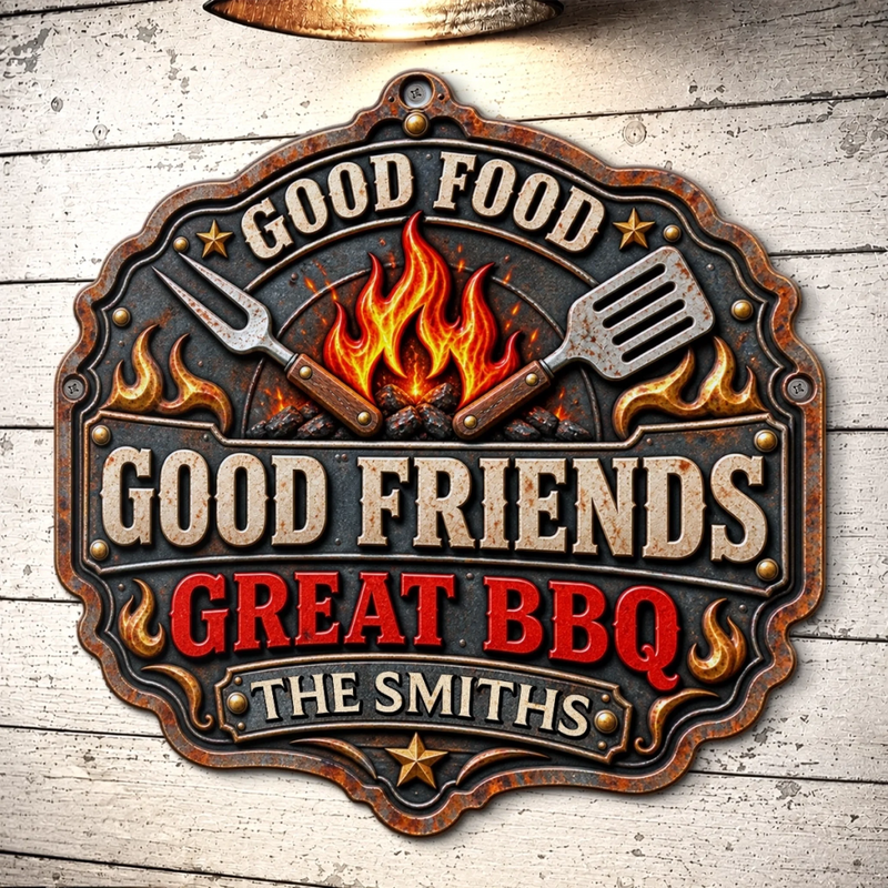 Custom BBQ Shaped Metal Sign - Personalized Grilling Gifts For BBQ Lovers, Husband, Dad - Good Food Good Friends