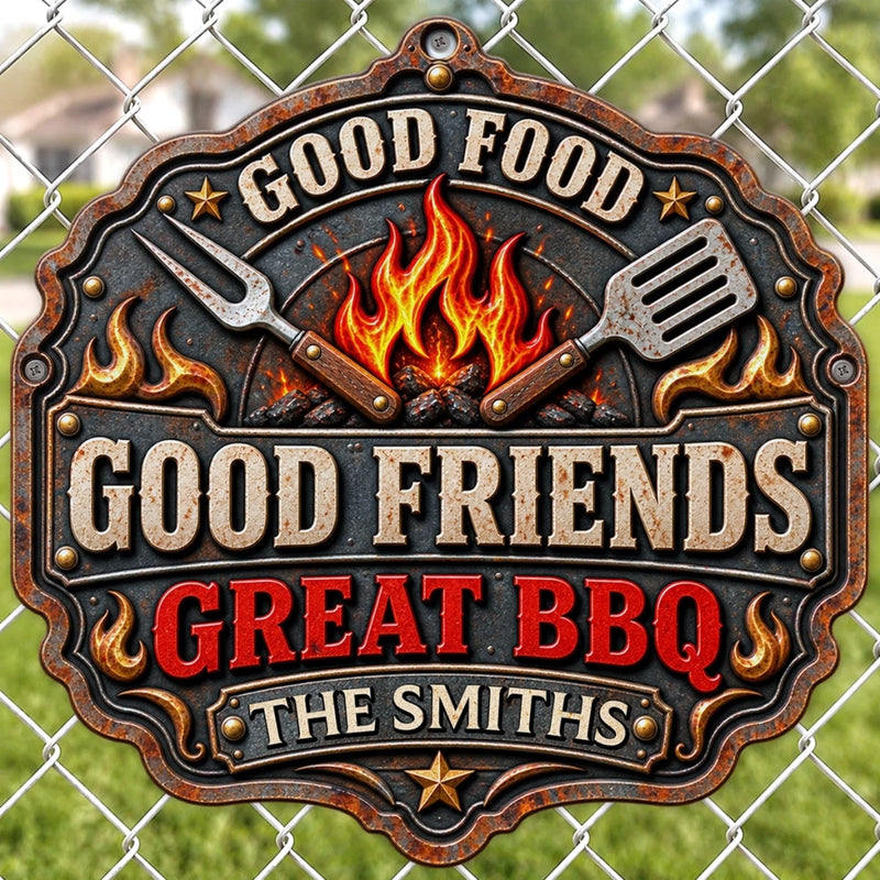 Custom BBQ Shaped Metal Sign - Personalized Grilling Gifts For BBQ Lovers, Husband, Dad - Good Food Good Friends