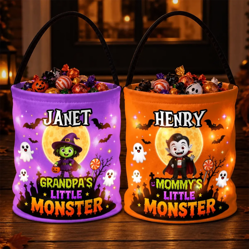 Custom LED Light Bucket Bag - Personalized Halloween Birthday Gifts For Kids - Cute Monster, Spooky Night