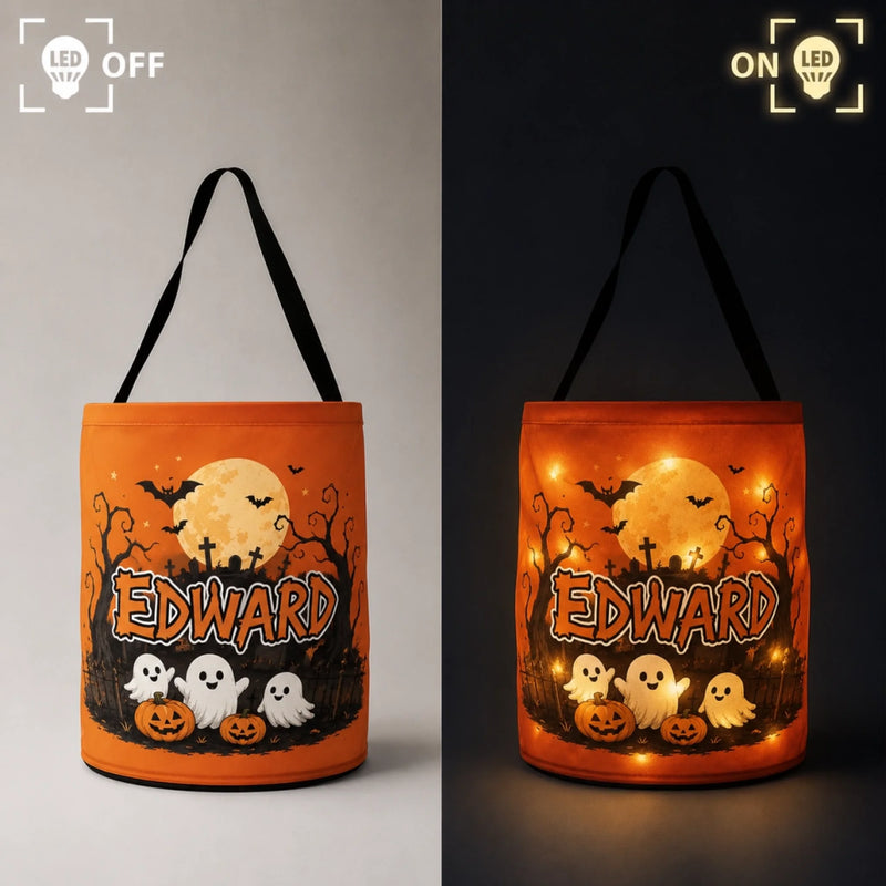 Custom LED Light Bucket Bag - Personalized Halloween  Birthday Gifts For Kids - Tiny Little Halloween Trickster