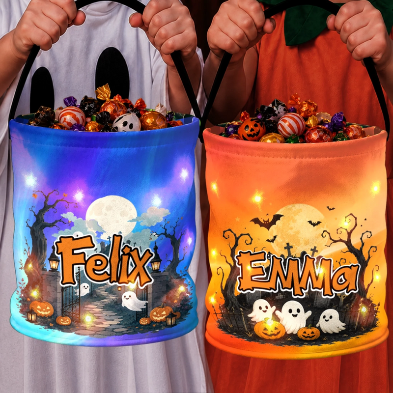 Custom LED Light Bucket Bag - Personalized Halloween  Birthday Gifts For Kids - Tiny Little Halloween Trickster