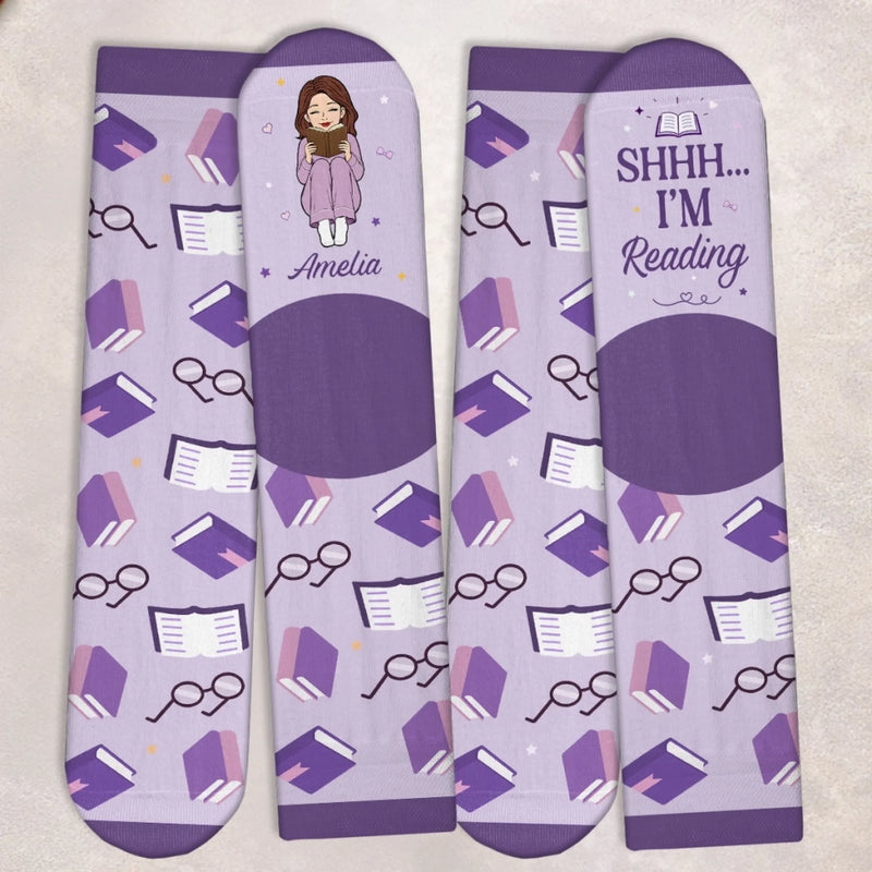 Custom Shh I'm Reading Crew Socks - Personalized Bookish Gifts For Book Lovers, Bookworms, Readers - One Page At A Time