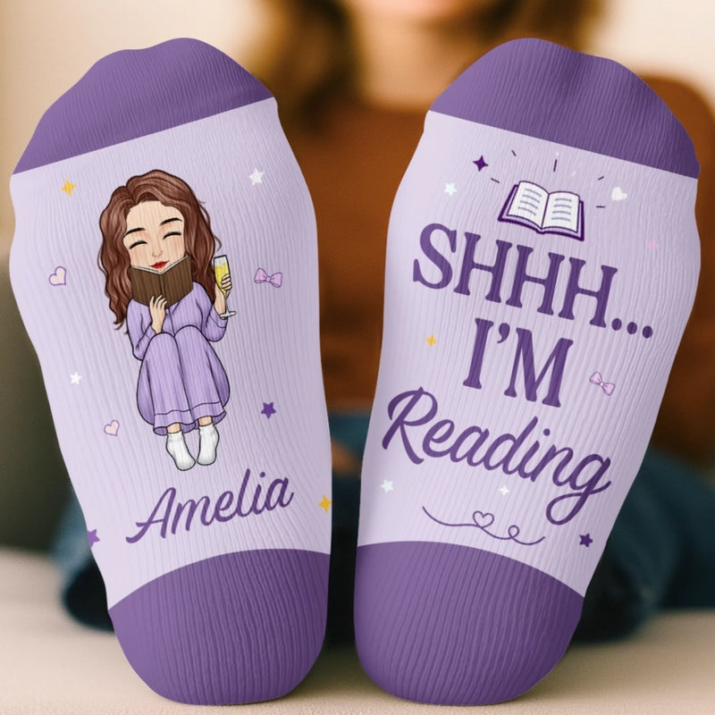 Custom Shh I'm Reading Crew Socks - Personalized Bookish Gifts For Book Lovers, Bookworms, Readers - Quiet Time For Myself Today
