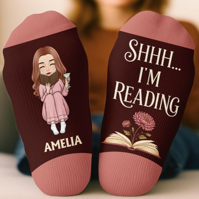 Custom Shh I'm Reading Crew Socks - Personalized Bookish Gifts For Book Lovers, Bookworms, Readers - Lost In A Great Story