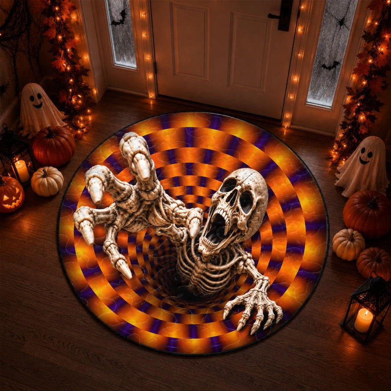 Custom 3D Skeleton Vortex Quilted Round Mat - Personalized Halloween Decor Birthday Gifts For Mom, Dad, Brother, Sister - Chills Thrills And Good Times