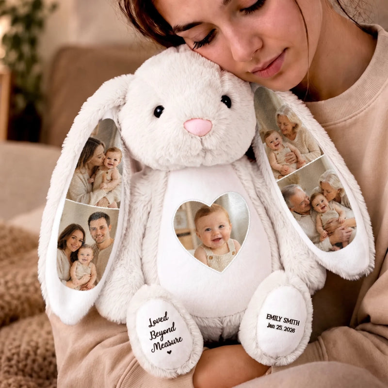 Custom Photo Heart Bunny Plush - Personalized Baby Shower, Gender Reveal Gifts For New Moms, New Dads, New Parents - Our Little Miracle