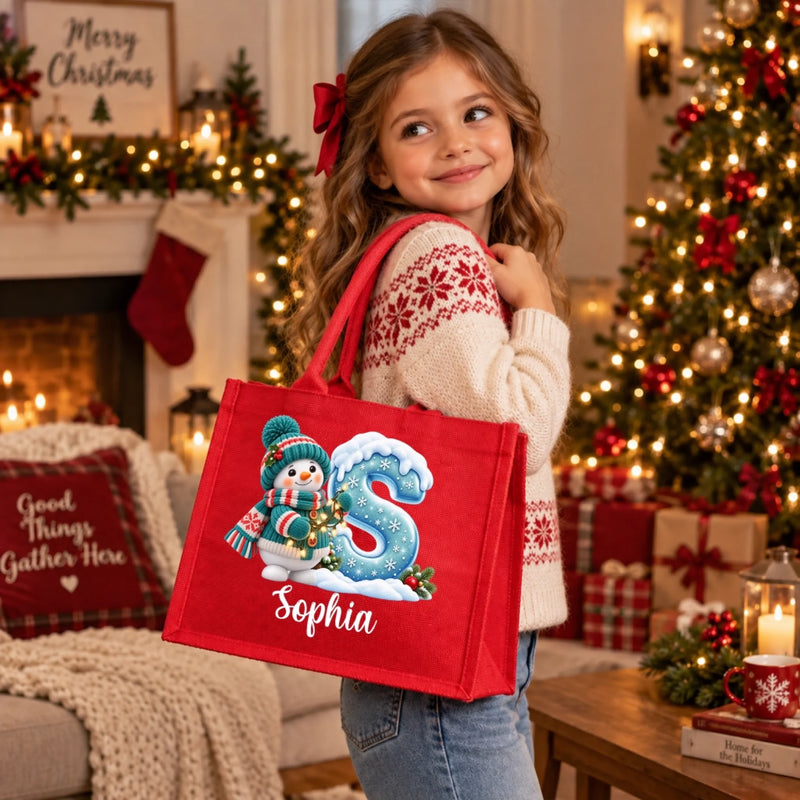 Custom Snowman Burlap Tote Bag - Personalized Christmas Birthday Gifts For Mom, Dad, Brother, Sister - Our Hearts Glow Brighter Together