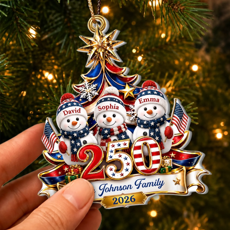 Custom Snowman Premium 3D Ornament - Personalized America 250th Anniversary Christmas Gifts For Mom, Dad, Brother, Sister - United In Holiday Cheer