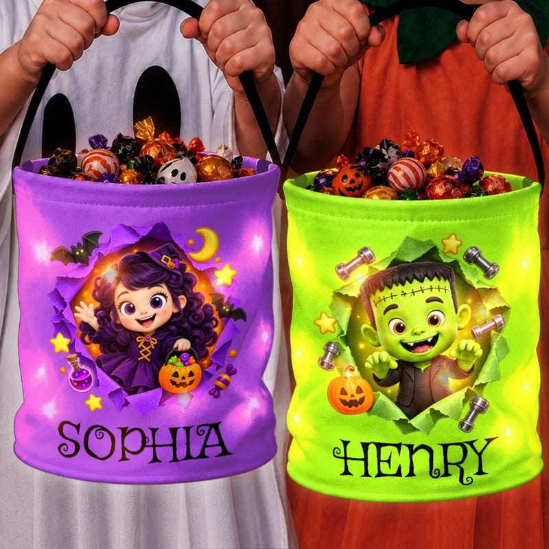 Custom LED Light Bucket Bag - Personalized Halloween Birthday Gifts For Kids - Spooky Little Sidekick