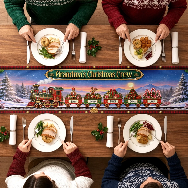 Custom Table Runner - Personalized  Christmas Birthday Gifts For Grandma, Grandpa - Cozy Season, Happiest Crew