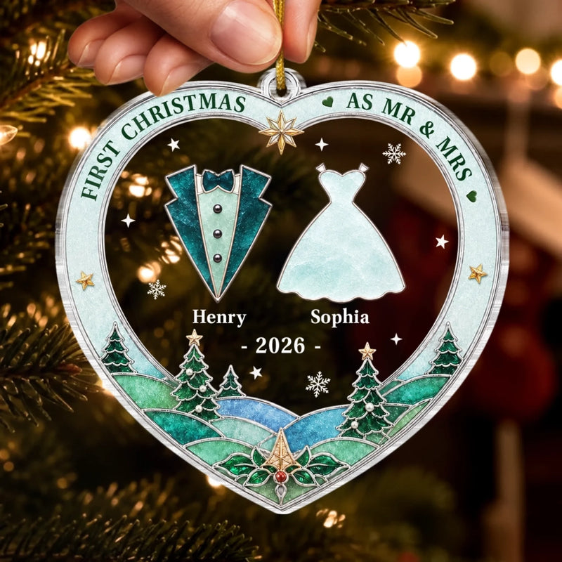 Custom First Christmas Acrylic Ornament - Personalized Anniversary Christmas Wedding Gifts For Husband And Wife, Him And Her - Cozy Newlywed Christmas Era