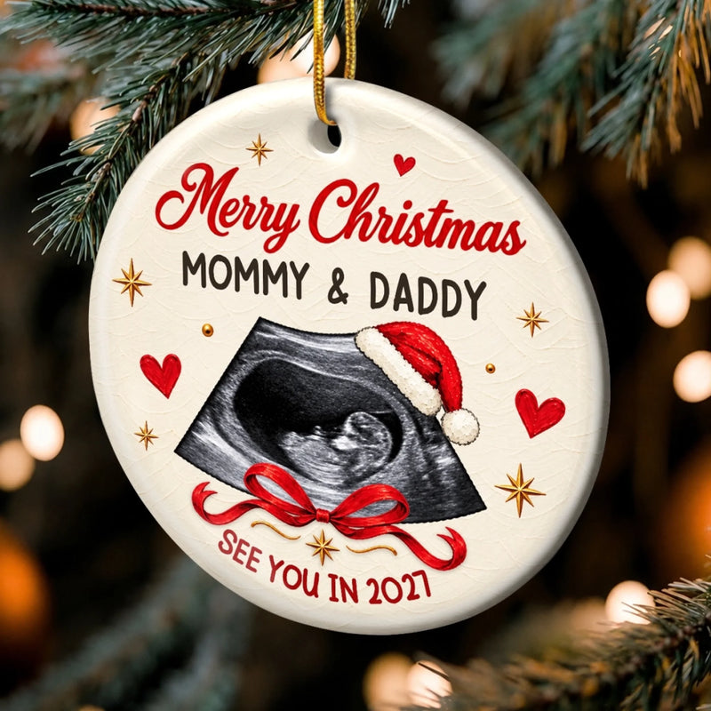 Custom Photo First Christmas Ceramic Ornament - Personalized Christmas Baby Shower, Gender Reveal Gifts For New Moms, New Dads, New Parents - Our Littlest Holiday Joy
