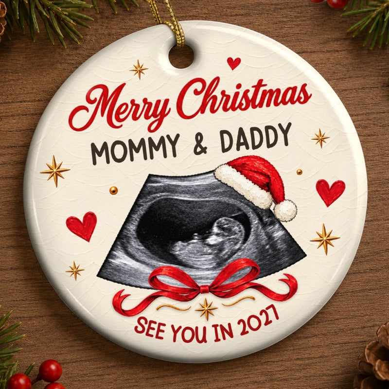 Custom Photo First Christmas Ceramic Ornament - Personalized Christmas Baby Shower, Gender Reveal Gifts For New Moms, New Dads, New Parents - Our Littlest Holiday Joy