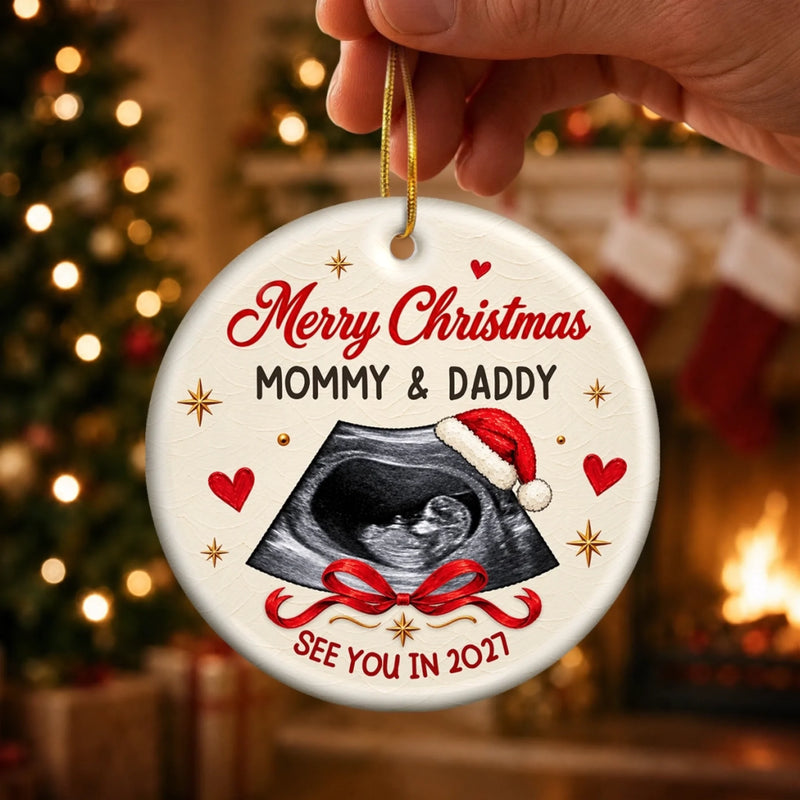 Custom Photo First Christmas Ceramic Ornament - Personalized Christmas Baby Shower, Gender Reveal Gifts For New Moms, New Dads, New Parents - Our Littlest Holiday Joy