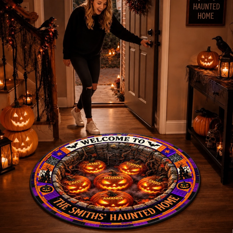 Custom Haunted Home Quilted Round Mat - Personalized Halloween Decor Birthday Gifts For Mom, Dad, Brother, Sister - A Little Fright A Lot Of Fun