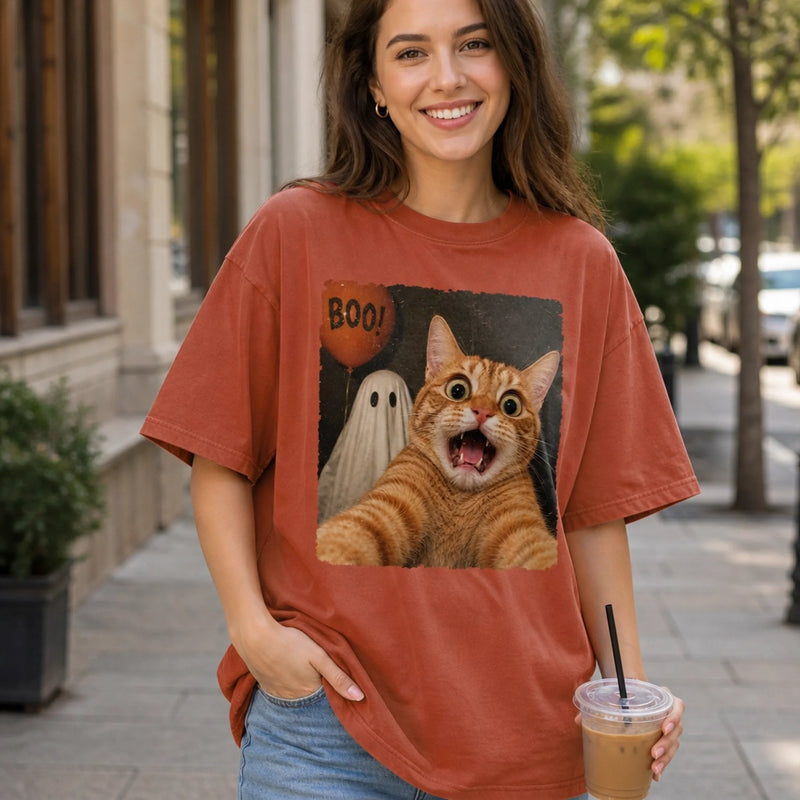 Custom Photo Funny Cat Selfie With Boo T-Shirt - Personalized Halloween Gifts For Dog Cat Lovers, Dog Dad And Mom, Cat Owners - Selfie With My Boo