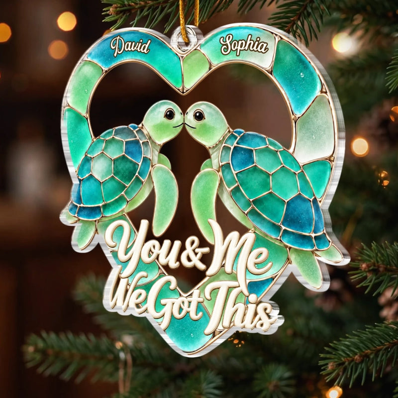 Custom Sea Glass Acrylic Ornament - Personalized Anniversary Christmas Wedding Gifts For Husband And Wife, Him And Her - Sea Turtle Love Story