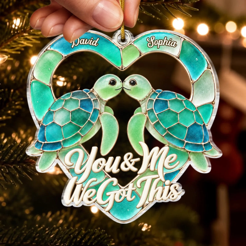 Custom Sea Glass Acrylic Ornament - Personalized Anniversary Christmas Wedding Gifts For Husband And Wife, Him And Her - Sea Turtle Love Story