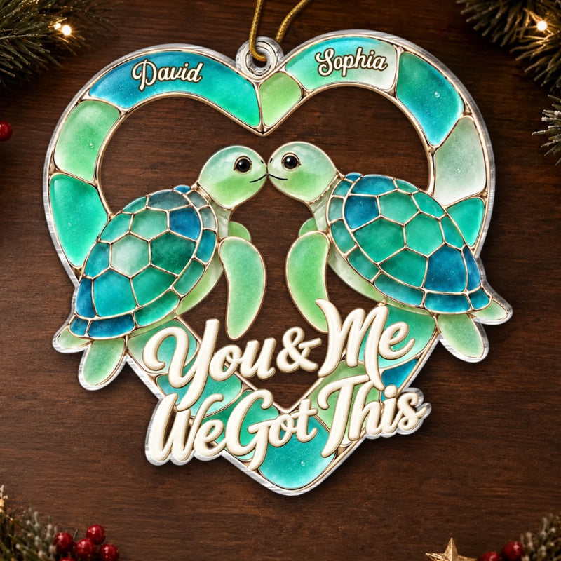 Custom Sea Glass Acrylic Ornament - Personalized Anniversary Christmas Wedding Gifts For Husband And Wife, Him And Her - Sea Turtle Love Story