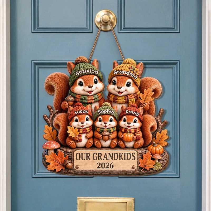 Custom Squirrels, Nuts Wood Sign - Personalized Birthday Gifts For Grandma, Grandpa - Our Little Acorn Crew