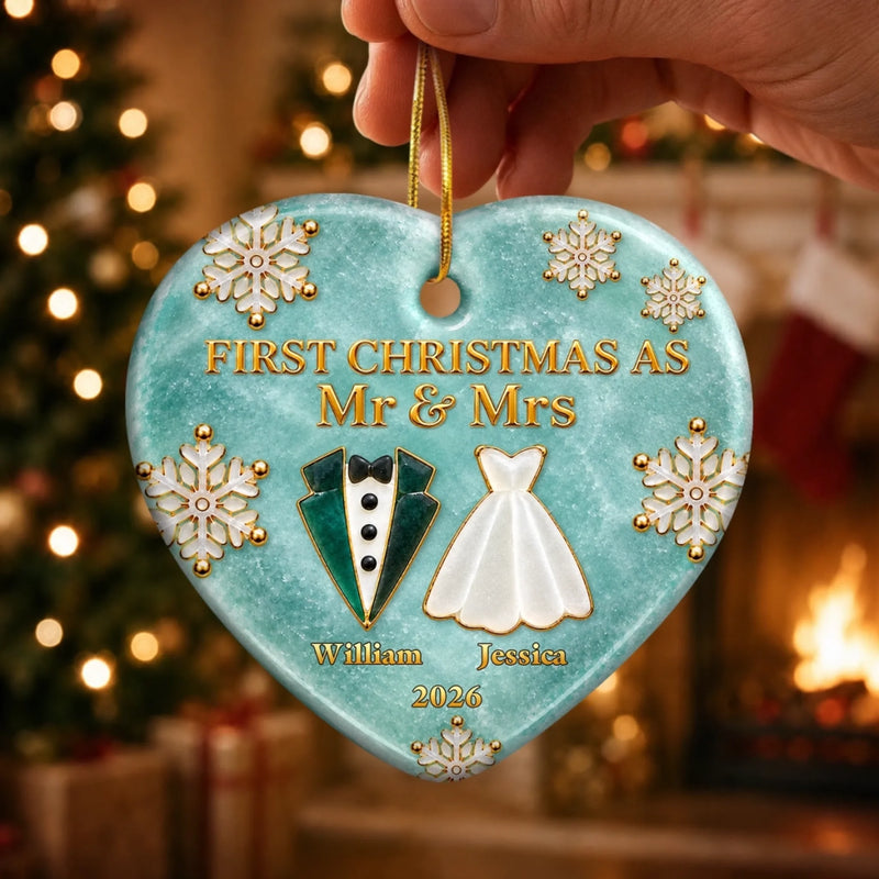 Custom First Christmas Ceramic Ornament - Personalized Anniversary Christmas Wedding Gifts For Husband And Wife, Him And Her - Wrapped In Newlywed Love