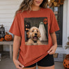 Custom Photo Funny Dog Selfie With Boo Comfort T-Shirt - Personalized Halloween Birthday Gifts For Dog Cat Lovers, Dog Dad And Mom, Cat Owners - Paws, Ghosts And Smiles