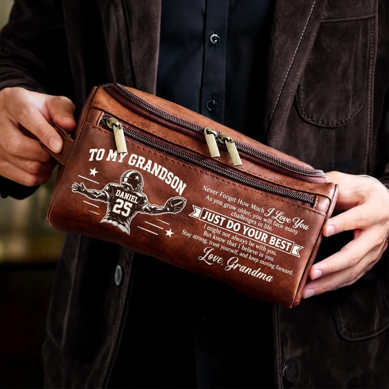 Custom America Football Leather Toiletry Bag - Personalized Birthday Gifts For Son, Grandson, America Football Lovers, Sports Fans, Sports Lovers - Play With Heart Every Time