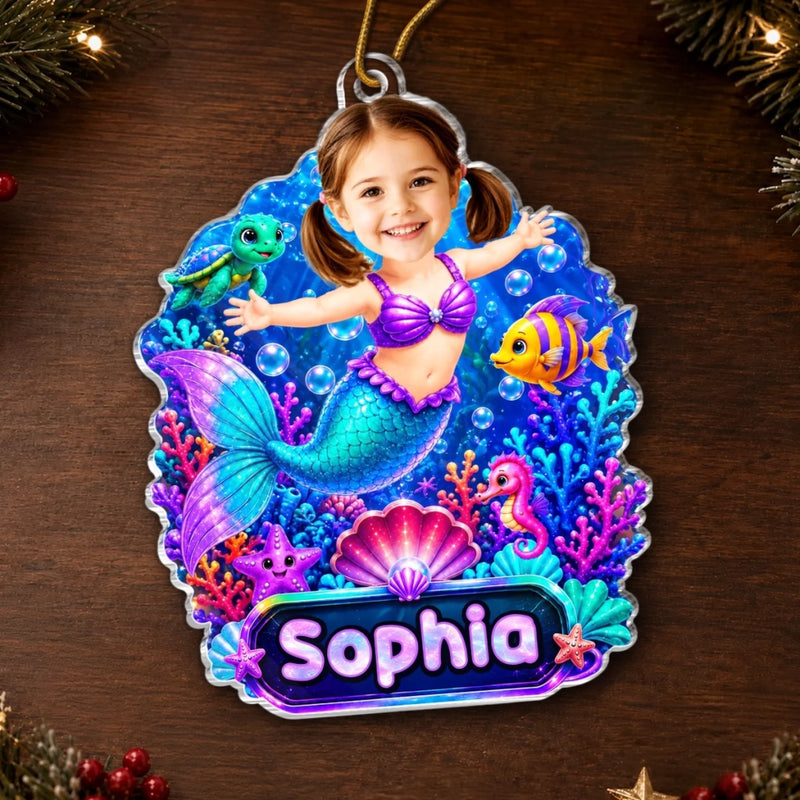 Custom Photo Mermaid Acrylic Ornament - Personalized Christmas Birthday Gifts For Kids - Little Cute Mermaid