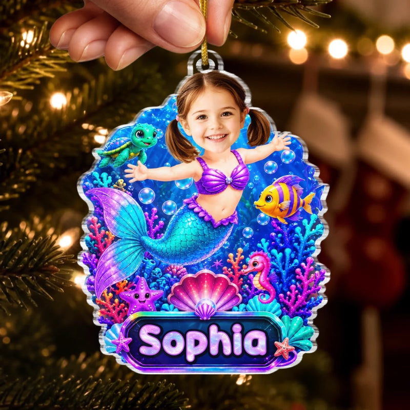 Custom Photo Mermaid Acrylic Ornament - Personalized Christmas Birthday Gifts For Kids - Little Cute Mermaid