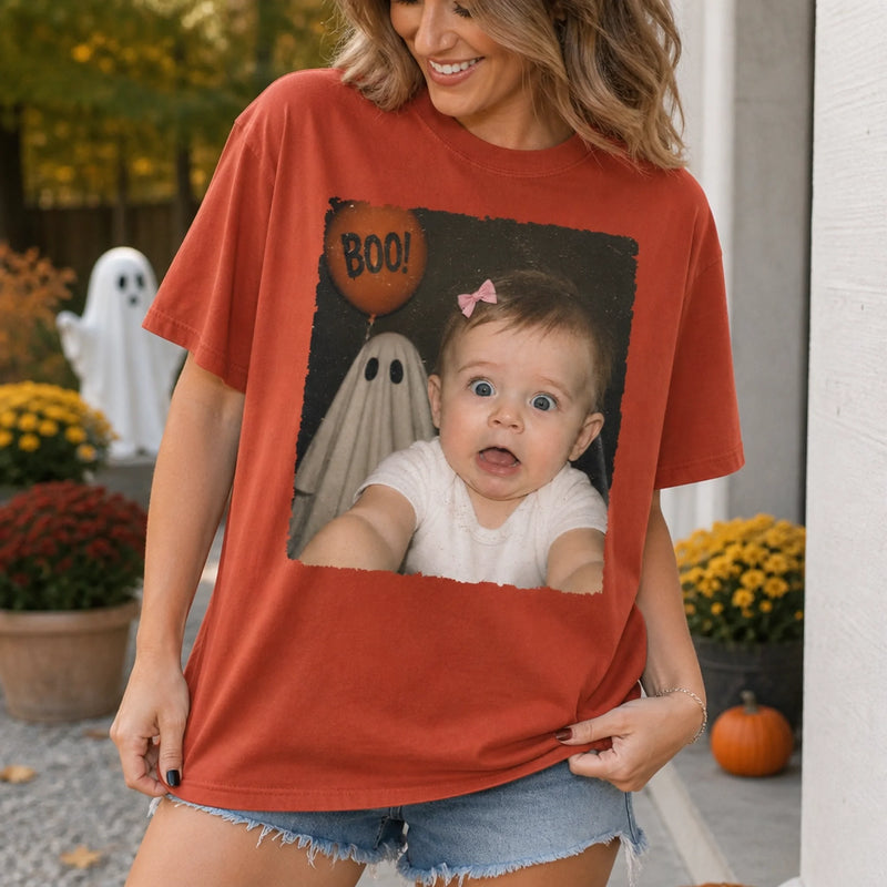 Custom Photo Funny Baby Selfie With Boo Comfort T-Shirt - Personalized Halloween Birthday Gifts For  Kids, Babies - Sweetest Little Boo Ever