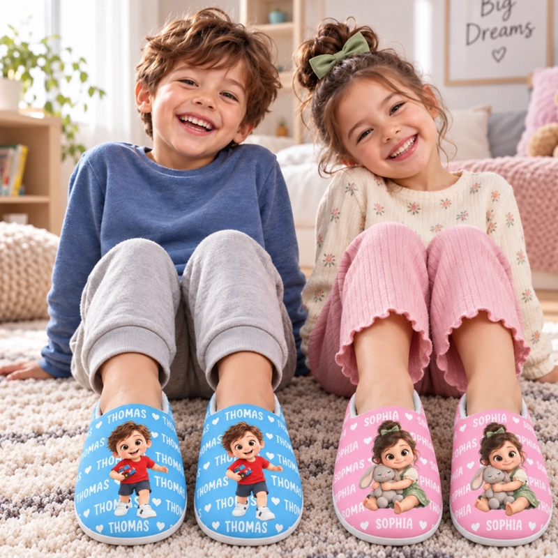 Custom Photo Fluffy Slippers - Personalized Christmas Birthday Gifts For Kids - Little Feet, Big Love
