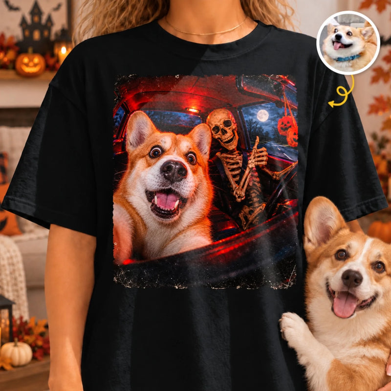 Custom Photo Funny Dog Selfie With Skeleton Comfort T-Shirt - Personalized Halloween Birthday Gifts For Dog Cat Lovers, Dog Dad And Mom, Cat Owners - Paws, Bones And Laughs