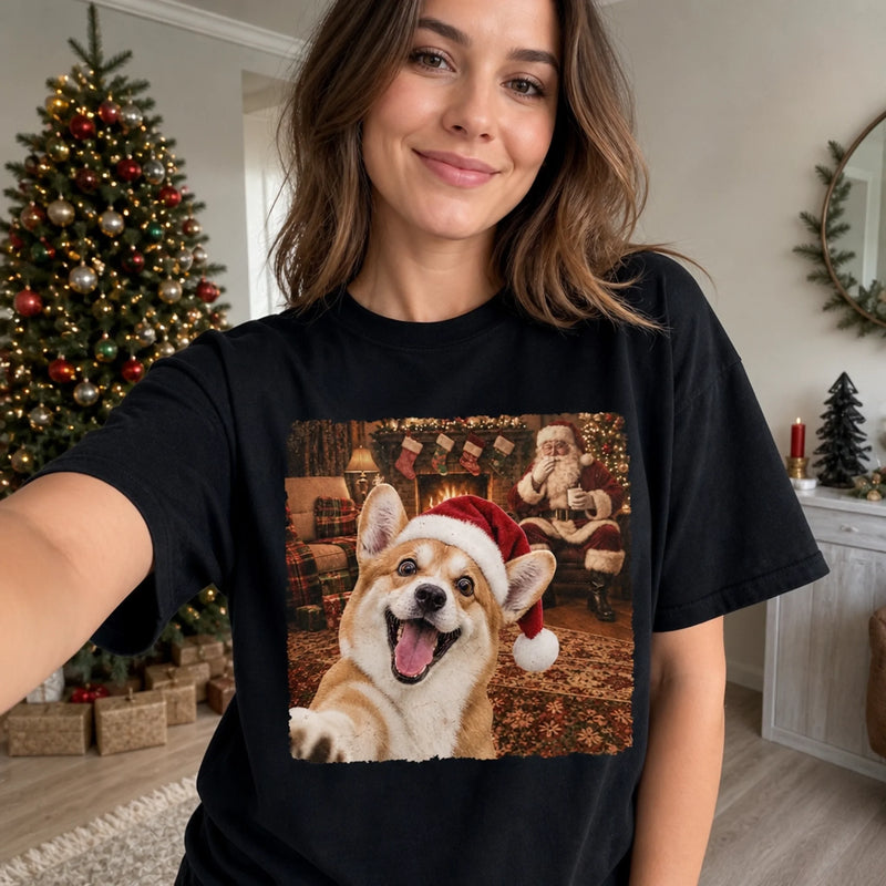 Custom Photo Funny Dog Selfie With Santa Comfort T-Shirt - Personalized Christmas Birthday Gifts For Dog Cat Lovers, Dog Dad And Mom, Cat Owners - Santa's Favorite Furry Buddy
